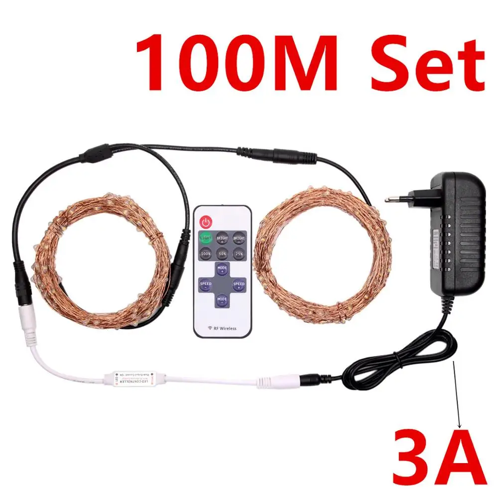 DC12V Светодиодный светильник-гирлянда 100 м 80 м 60 м 50 м 40 м 30 м 20 м 10 м 5 м медная проволока сказочное рождественское праздничное украшение с питанием и пультом дистанционного управления - Испускаемый цвет: 100M with 3A Set