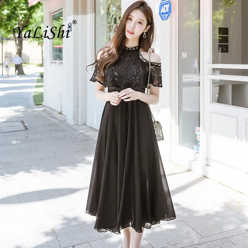 

Summer Solid A-line Dress Women Black Short Cloak Sleeves Stand Vintage Club Lace Chiffon Dress Elegant Party Dresses Vestidos