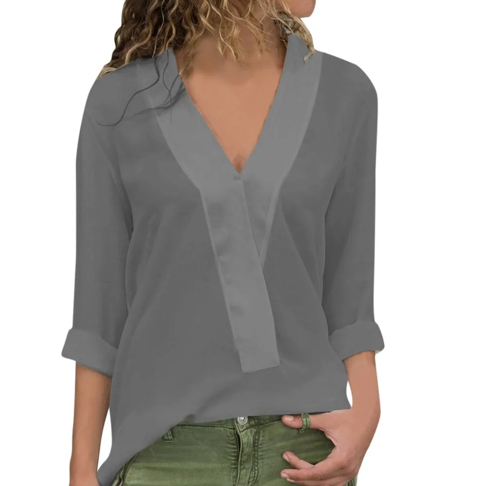 Женская однотонная шифоновая рубашка с длинным рукавом и v образным вырезом хит