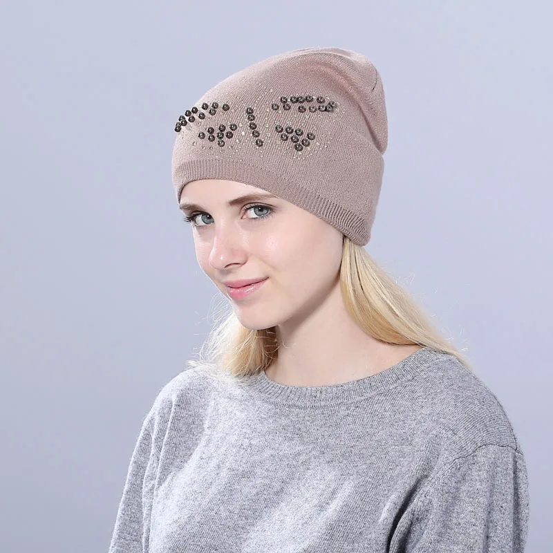 [YARBUU] настоящий шарик из меха норки шляпа для женщин Шерсть skullies beanies бабочка ногтей бусины твердые вязаные шапки для девочек женская Лыжная шапка - Цвет: khaki