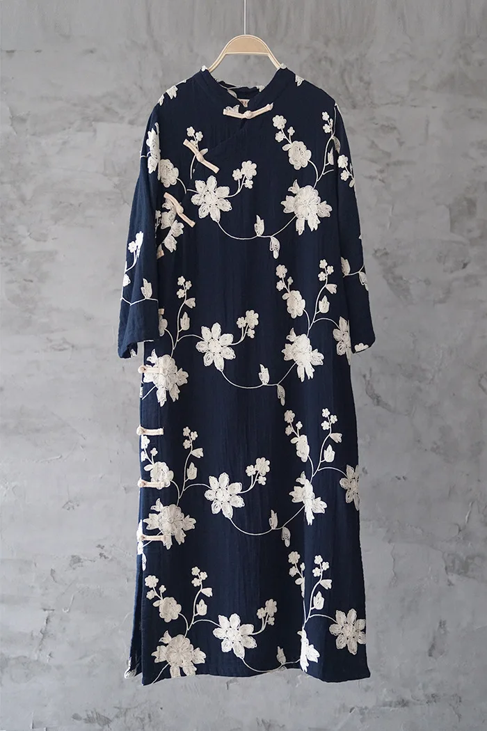 Johnature женское винтажное платье Cheongsam с вышивкой и стоячим воротником весеннее Новое Оригинальное женское хлопковое китайское платье с пуговицами