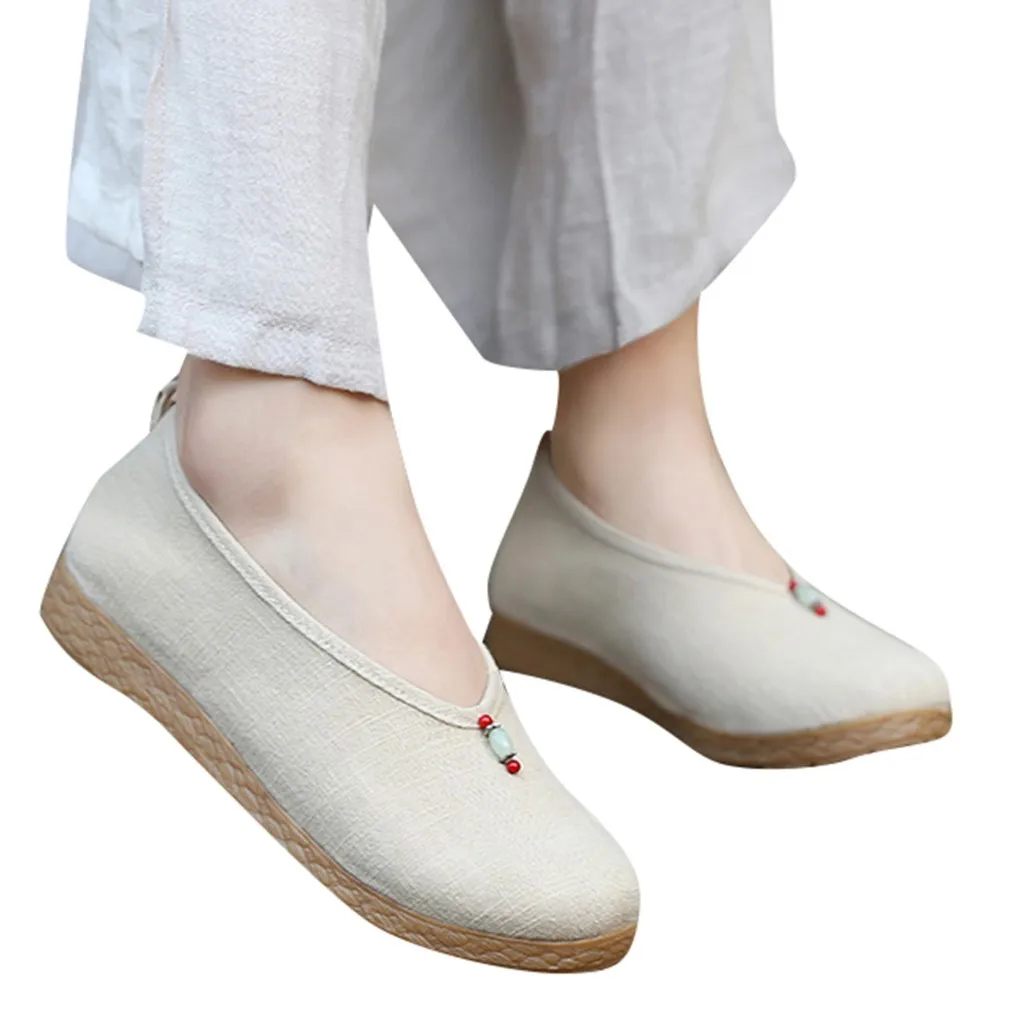 Women's national wind shoes Chinese style flat bottom wild cloth Shoes Leisure Round Toe Slip-On String Bead Hemp 2019 | Обувь