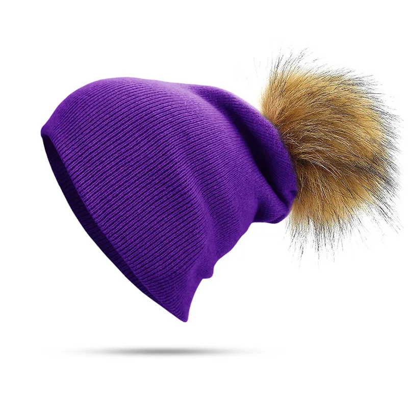 Purple Новые женские шапки бини из искусственного меха с помпонами, модные вязаные шапки для девочек и женщин, шапка с помпоном, зимняя женская шапка Skullies Bones - Цвет: Purple