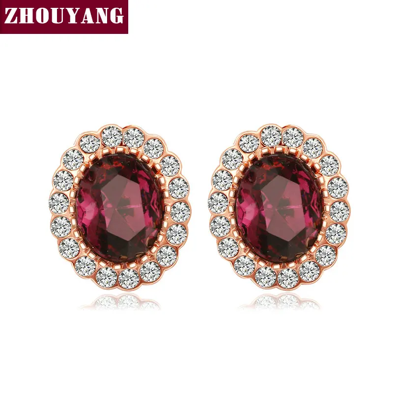 ZHOUYANG, элегантные серьги-гвоздики с зеленым кристаллом, розовое золото, модные ювелирные изделия для женщин ZYE107 - Окраска металла: Purple Stud Earring