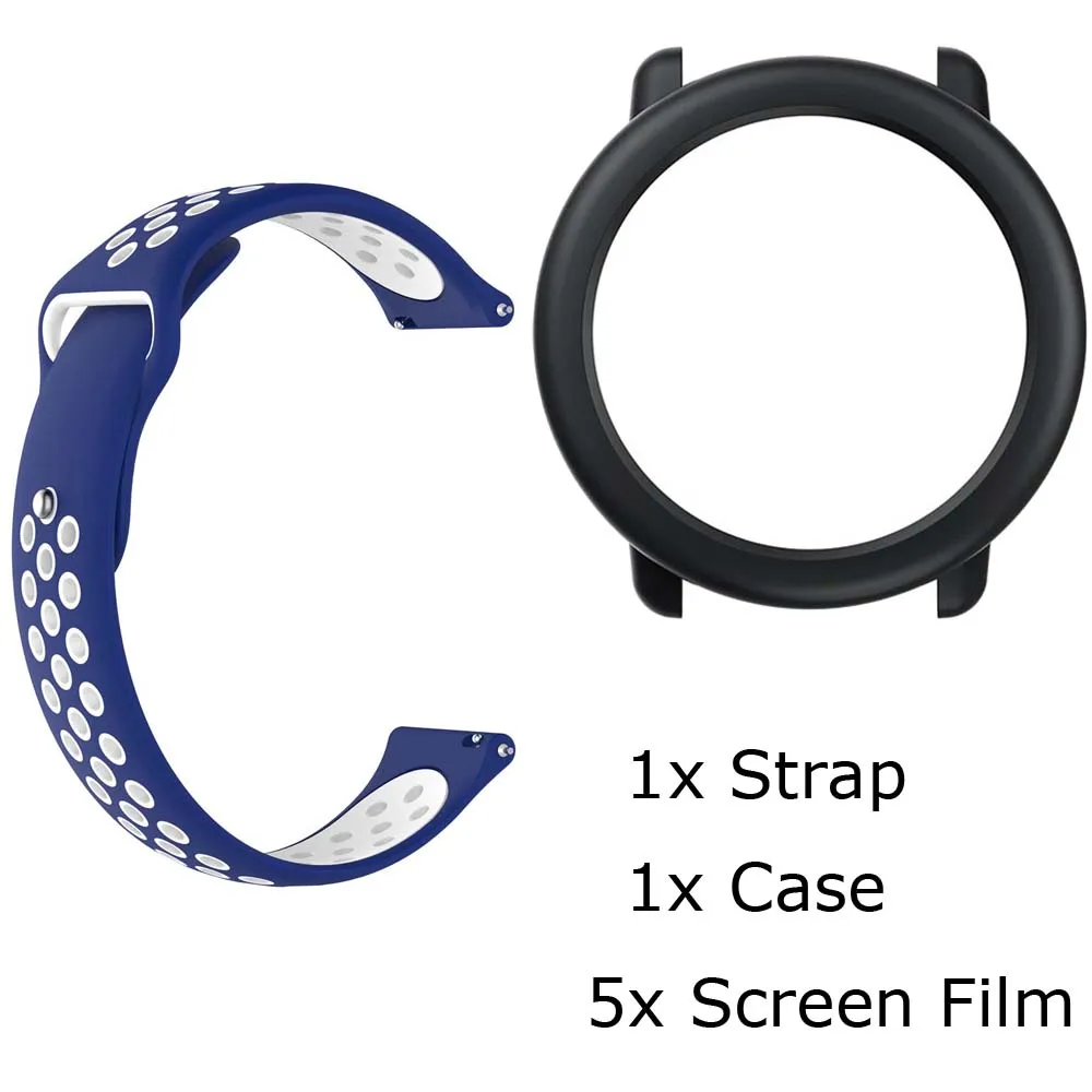 7/лот для Xiaomi Huami Amazfit Pace ремешок для часов браслет силиконовый Pulsera Correa Band защитный чехол Защитная пленка для экрана - Цвет: BlueWhite-BlackCase