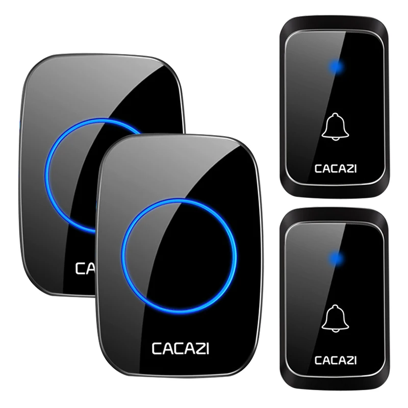 2 button 2 receiver Водонепроницаемый беспроводной дверной звонок CACAZI с дистанционным управлением 300 м, кнопка с 2 батарейками, 3 приемника, домашний дверной звонок, США, ЕС, Австралия, вилка 58 колокольчиков - Цвет: 2 button 2 receiver