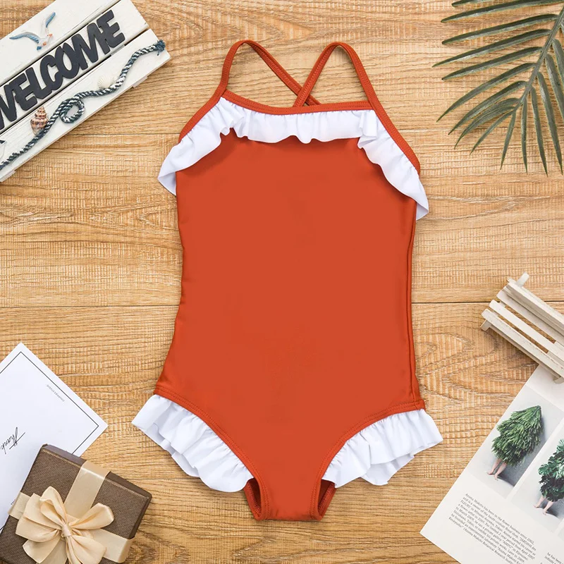 Купальник для девочек 2019 однотонный слитный купальник с оборками детский