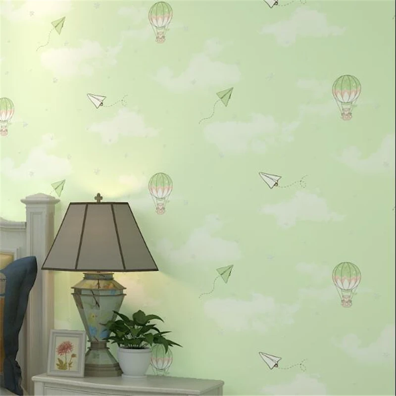 

beibehang Cartoon hot air balloon blue sky clouds non-woven children's room warm paper plane boy girl bedroom wallpaper