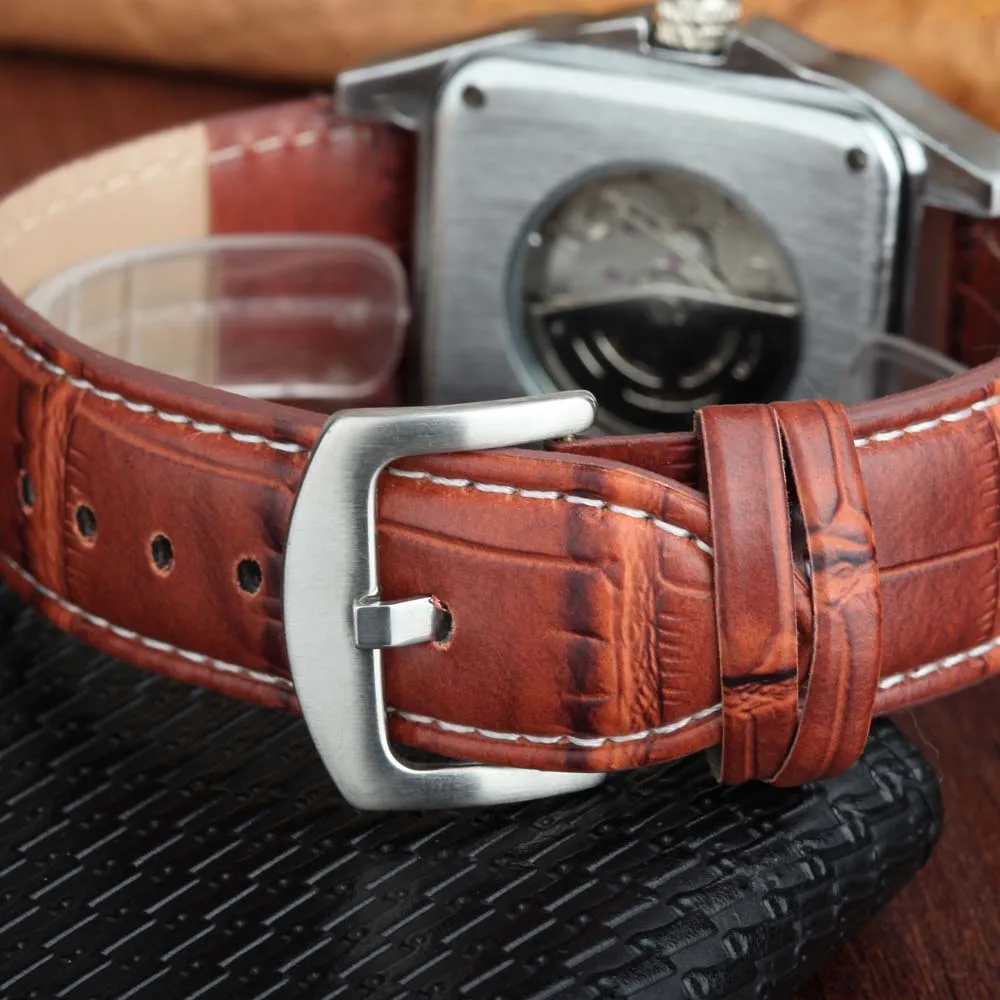 Часы скелетоны мужские с автоматическим механическим механизмом квадратной