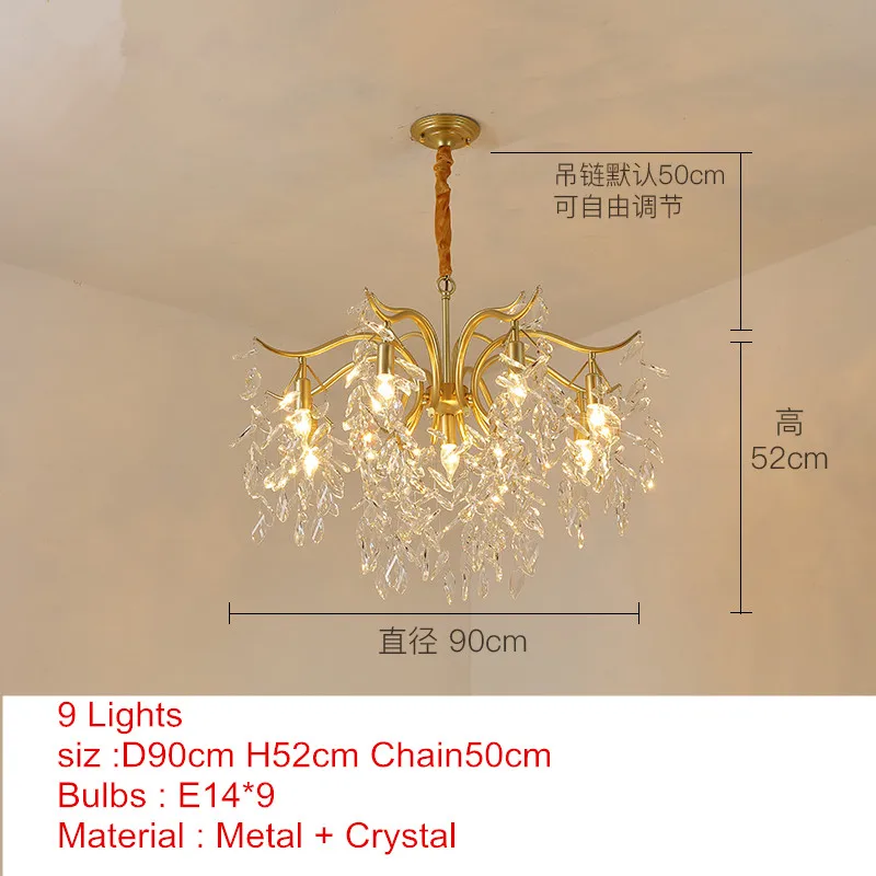 9 lights Американская классическая хрустальная люстра, роскошные золотые люстры, подвесная светодиодная люстра, кухонная осветительная арматура для бара отеля - Цвет абажура: 9 lights