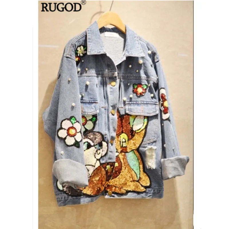 Женская джинсовая куртка RUGOD свободная в Корейском стиле с вышивкой белки и