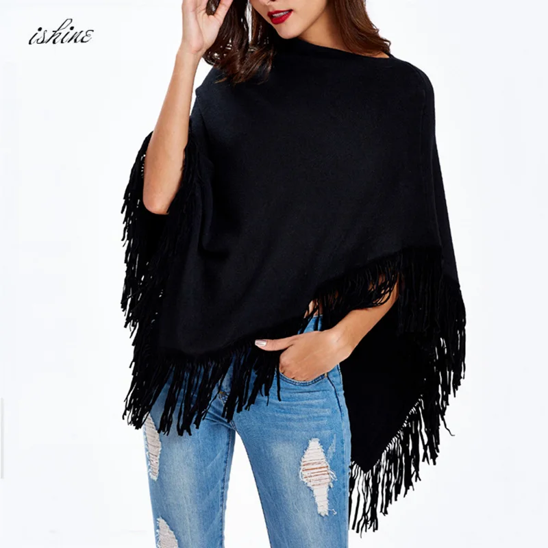 Женский осенне-зимний вязаный шерстяной свитер пончо шаль однотонный пуловер