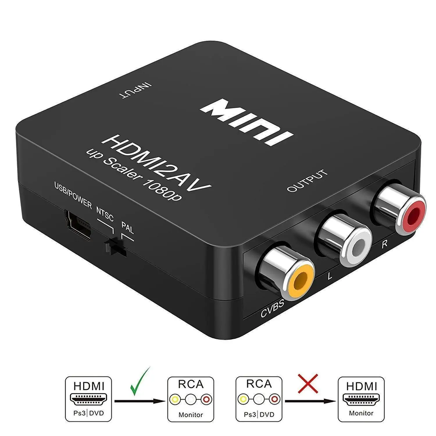 Mini AV to HDMI Video Converter Box AV2HDMI RCA CVBS Adapter for PC DVD Xbox Projector HDTV TV PS4