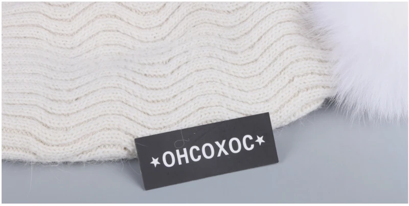 OHCOXOC, новинка, женские шапочки, натуральный Лисий мех, помпоны, шапка, сохраняющая тепло, шапочки Skullies, одноцветная, серая, в полоску, Осень-зима, шапка
