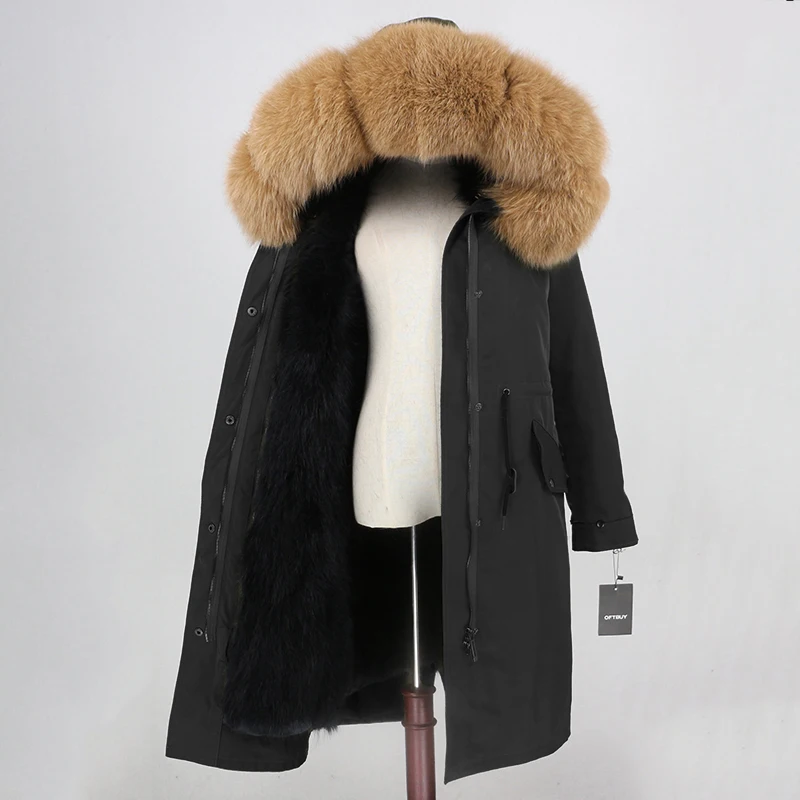 black black camel Пальто с натуральным мехом, бренд X-long Parka, водонепроницаемая ткань, верхняя одежда, зимняя куртка для женщин, натуральный Лисий мех, капюшон, подкладка из лисьего меха, отстегивается - Цвет: black black camel