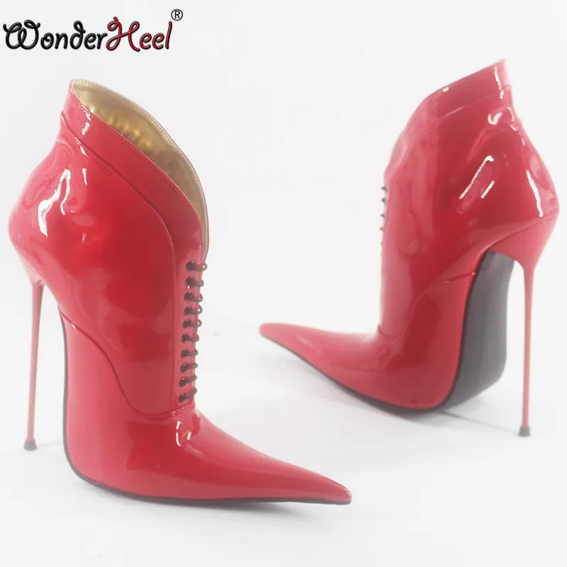 Wonderheel/Новинка; Туфли на очень высоком каблуке-шпильке 16 см; пикантные ботильоны из лакированной кожи с очень острым носком на очень тонком металлическом каблуке