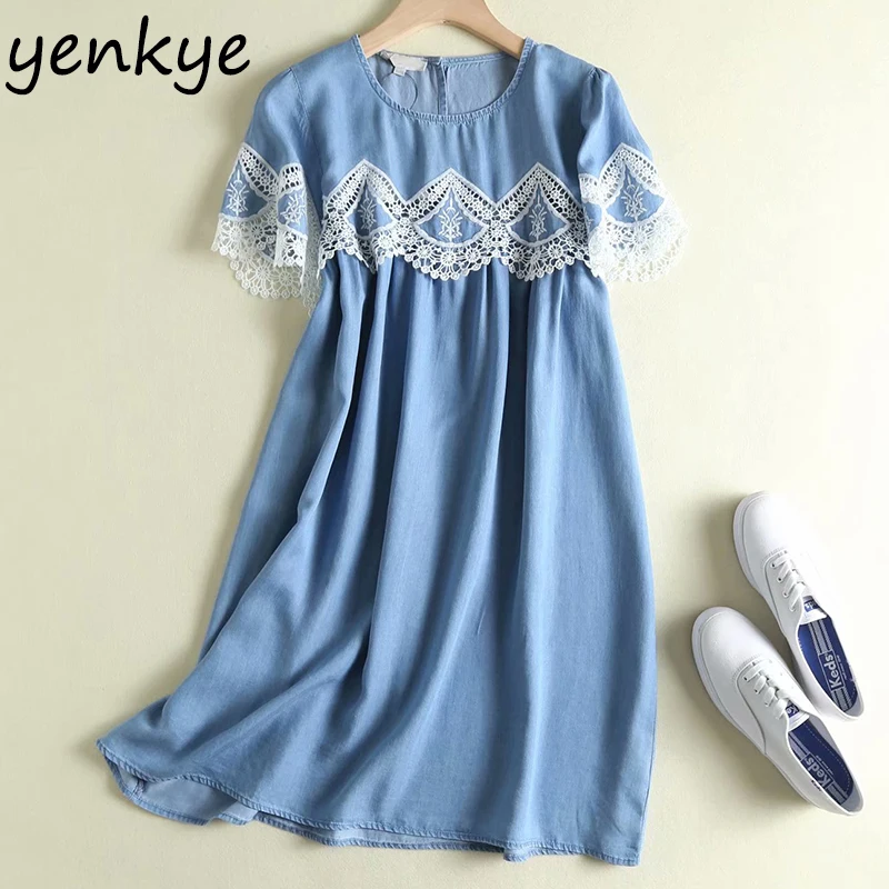 Женское джинсовое платье с кружевной отделкой повседневное мягкое круглым