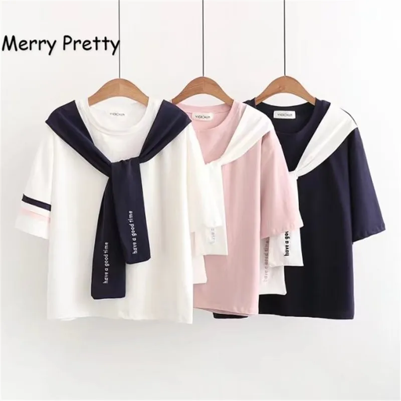 Женская футболка с вышивкой Merry Pretty хлопковая в японском стиле коротким рукавом и