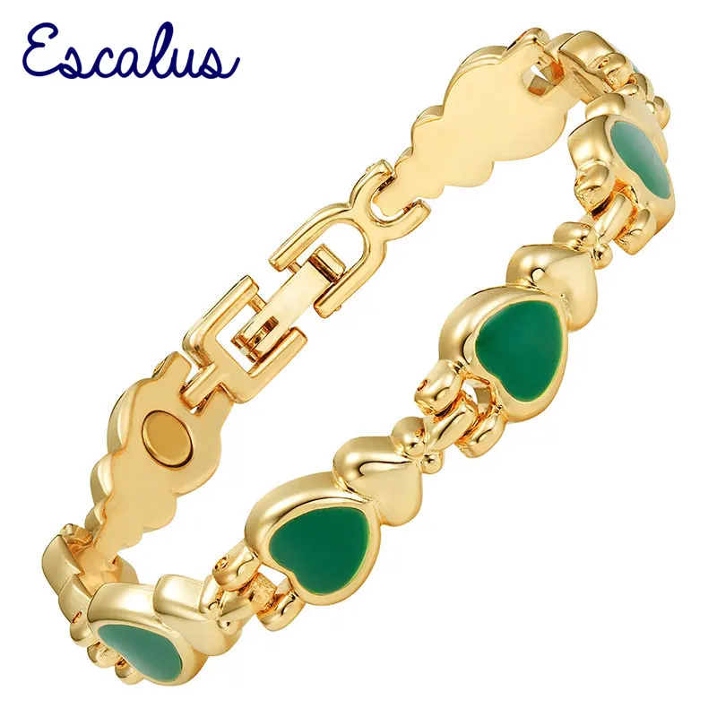 

Escalus Women Gold Magnetic Lovely Bracelet Green Cat Eye Stones Bangle Ladies Heart Jewelry Gift Wristband Charm