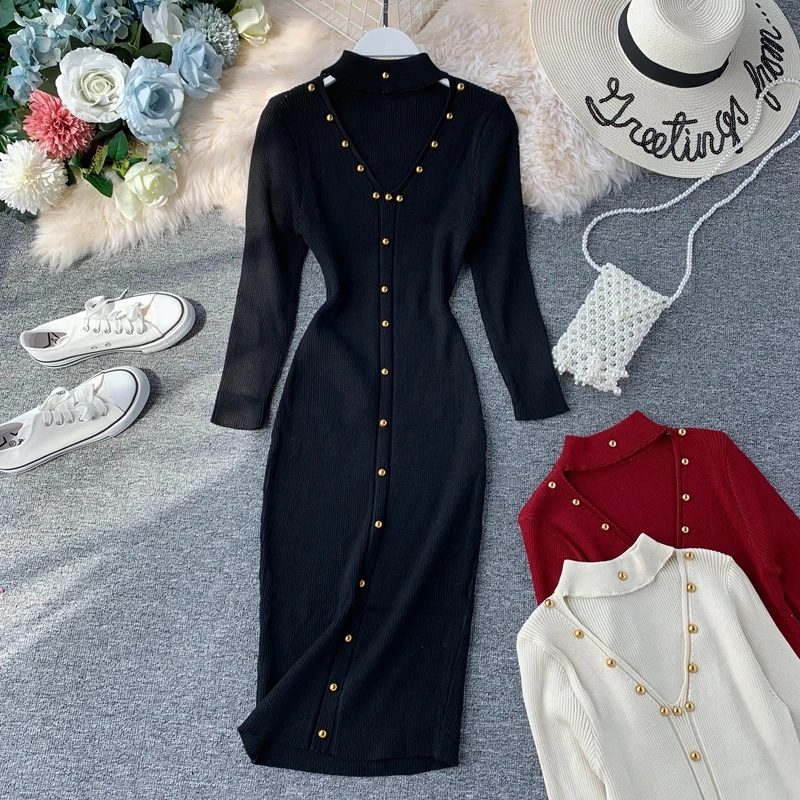 Женское трикотажное платье с длинным рукавом и V образным вырезом|Женские платья|