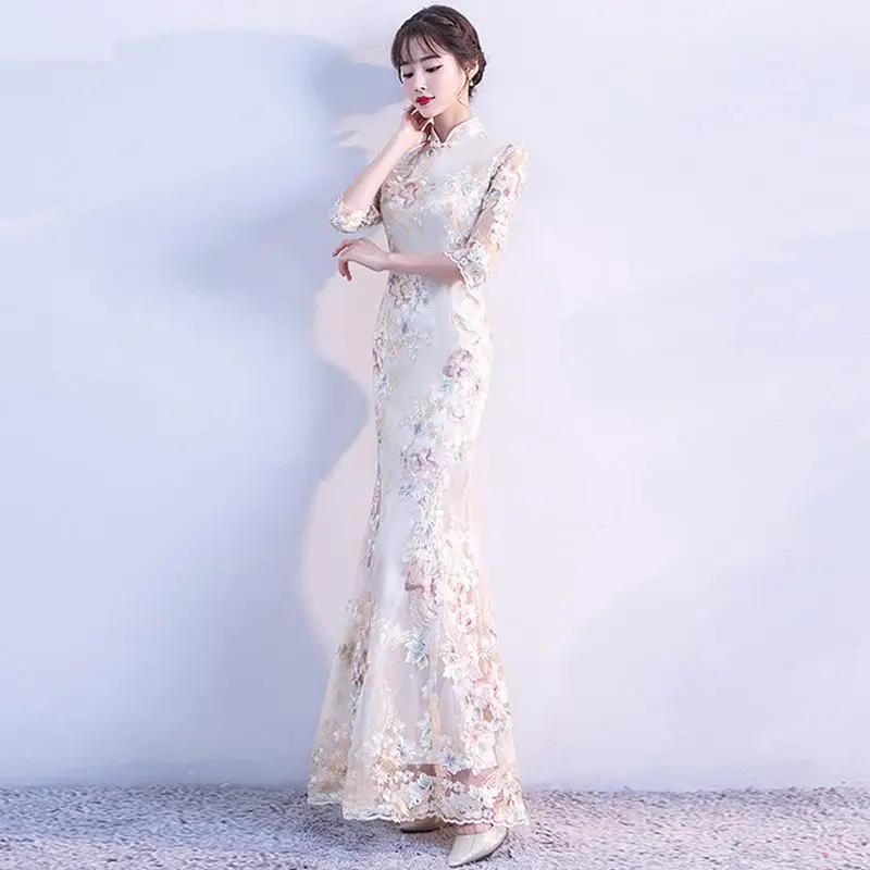 Элегантный женский розовый традиционная вышивка цветок Cheongsam Русалка Тонкий длинный Qipao дамы формальное вечернее платье vestidos