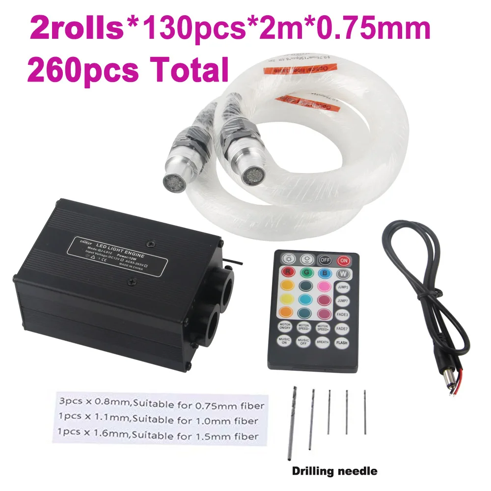 2rolls 130pcs 2m Светодиодный волоконно-оптический светильник s Bluetooth приложение управление 12 Вт мерцание музыки контроль автомобильный светильник на крыше звук активный звездное небо светильник s - Испускаемый цвет: 2rolls 130pcs 2m