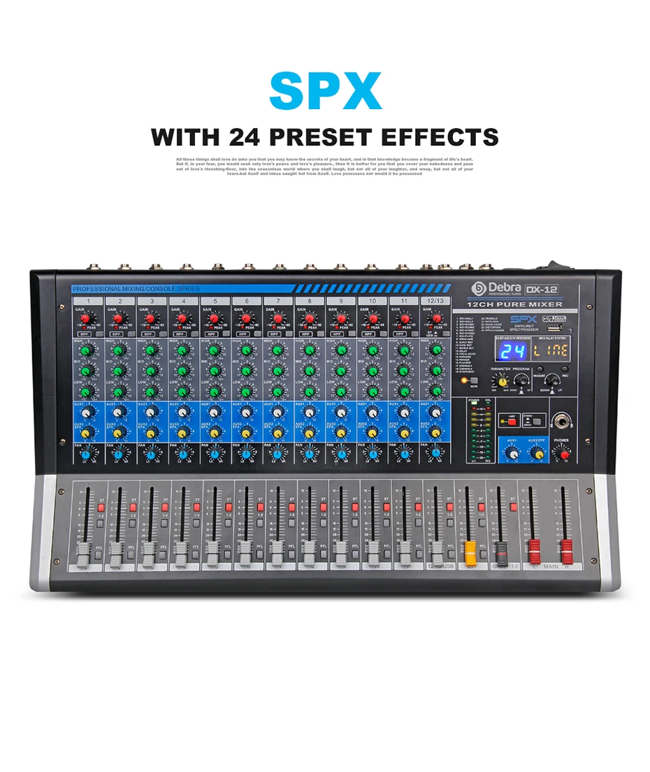 Дебра аудио DX-12 12 каналов аудио dj микшер контроллер звуковая карта с 24 DSP эффект, включающим в себя гарнитуру блютус и флеш-накопитель USB XLR Jack Aux Вход