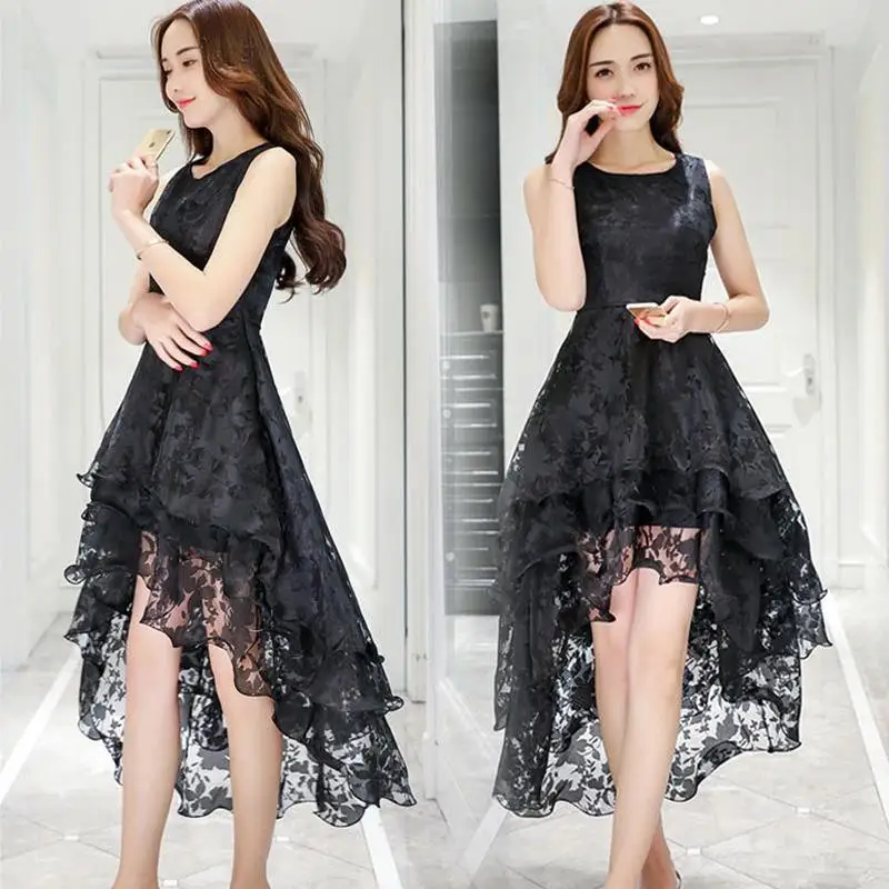 black Yfashion Women Organza Sleeveless Tight Waist Irregular Dress for Bridesmaid Wear Beautiful Summer Girl Leisure Dress Natural - Цвет: black
