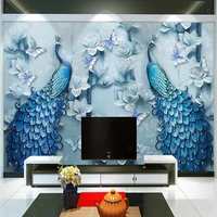 chinese style 3d embossed blue peacock oil painting mural wallpaper living room tv sofa hotel background wallpaper classic decor