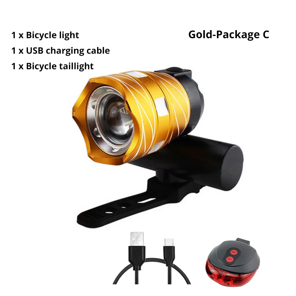 PackageC-gold USB Перезаряжаемый велосипедный светильник, уличный водонепроницаемый велосипедный светильник с зумом, 3 светильник, Ночной светильник, подходит для ночного велоспорта - Цвет: PackageC-gold