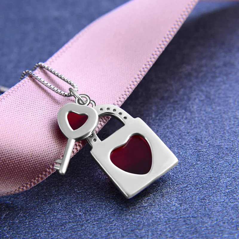 Белое золото Цветной Красный кристалл сердце замок ключевой фигурой 925 пробы