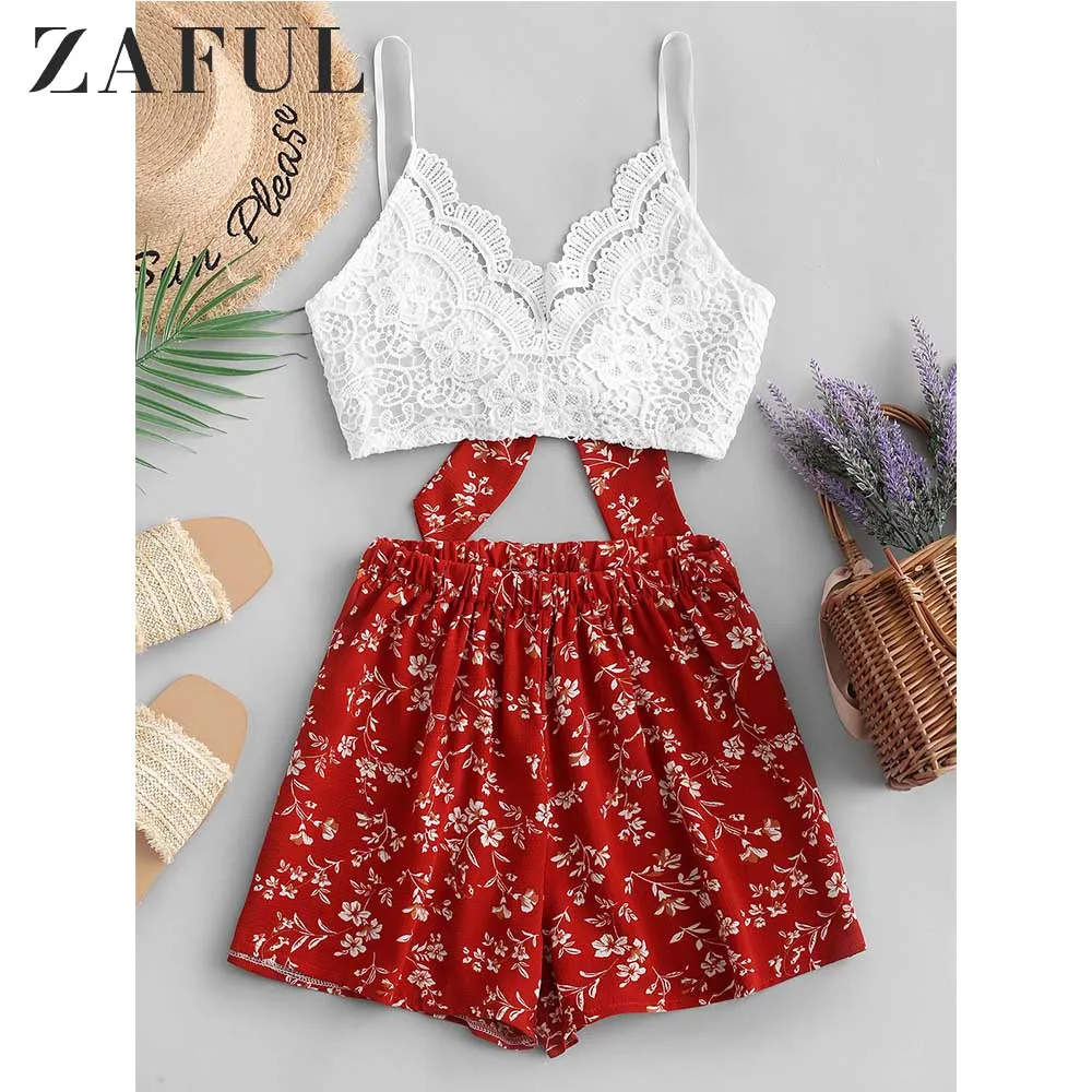 ZAFUL цветочный принт завязанные кружевные панельные шорты набор Высокая талия