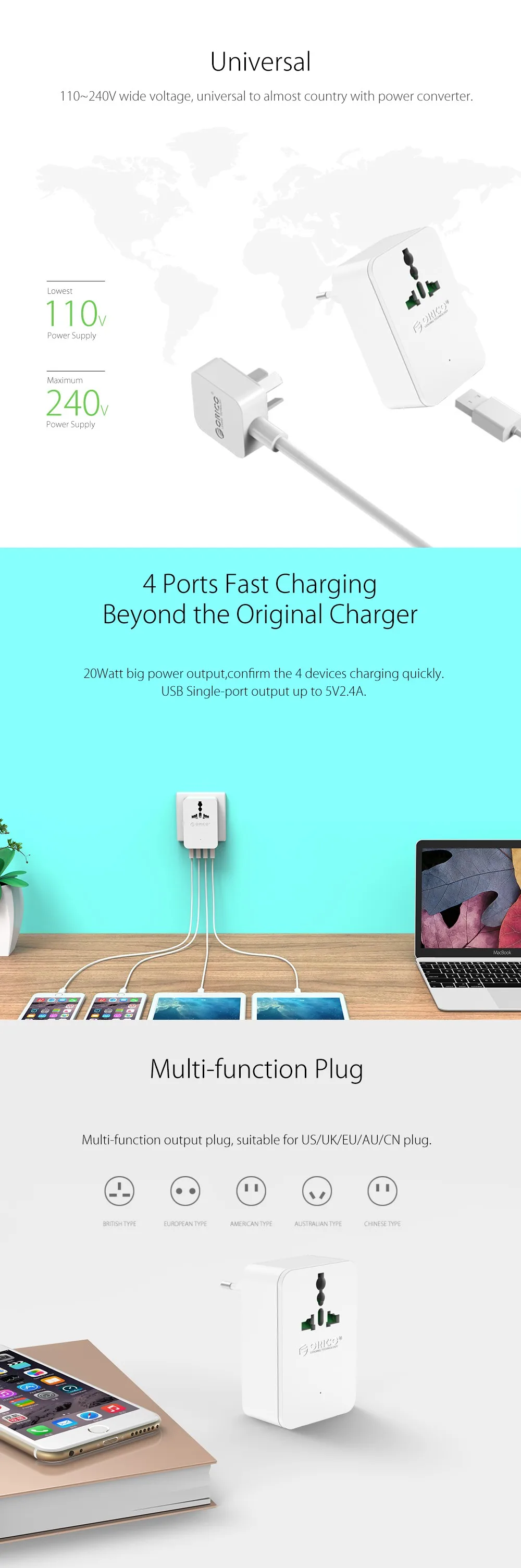 ORICO Универсальный адаптер с разъемом питания для путешествий с 4 USB 1 AC 20W мульти-розеткой для путешествий для iphone huawei
