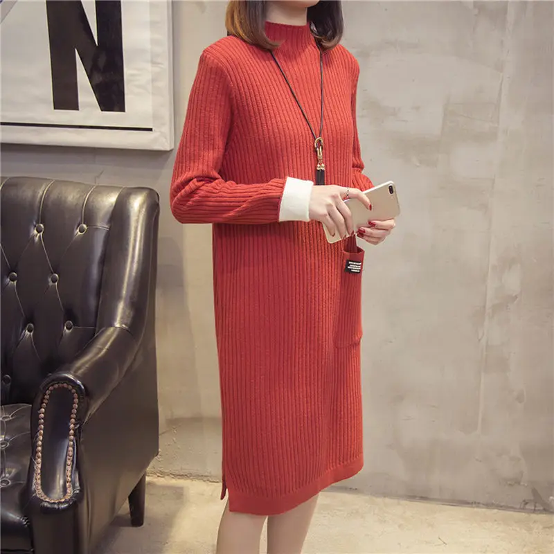 

Autumn Winter Sweater Dress Female 2019 New Korean Loose Large Size Half-High Collar Solid Color Women Casual Knit Dress LQ620