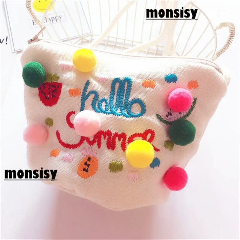Monsisy/Детский кошелек с меховым помпоном сумка на плечо для девочек Kawaii тканевая