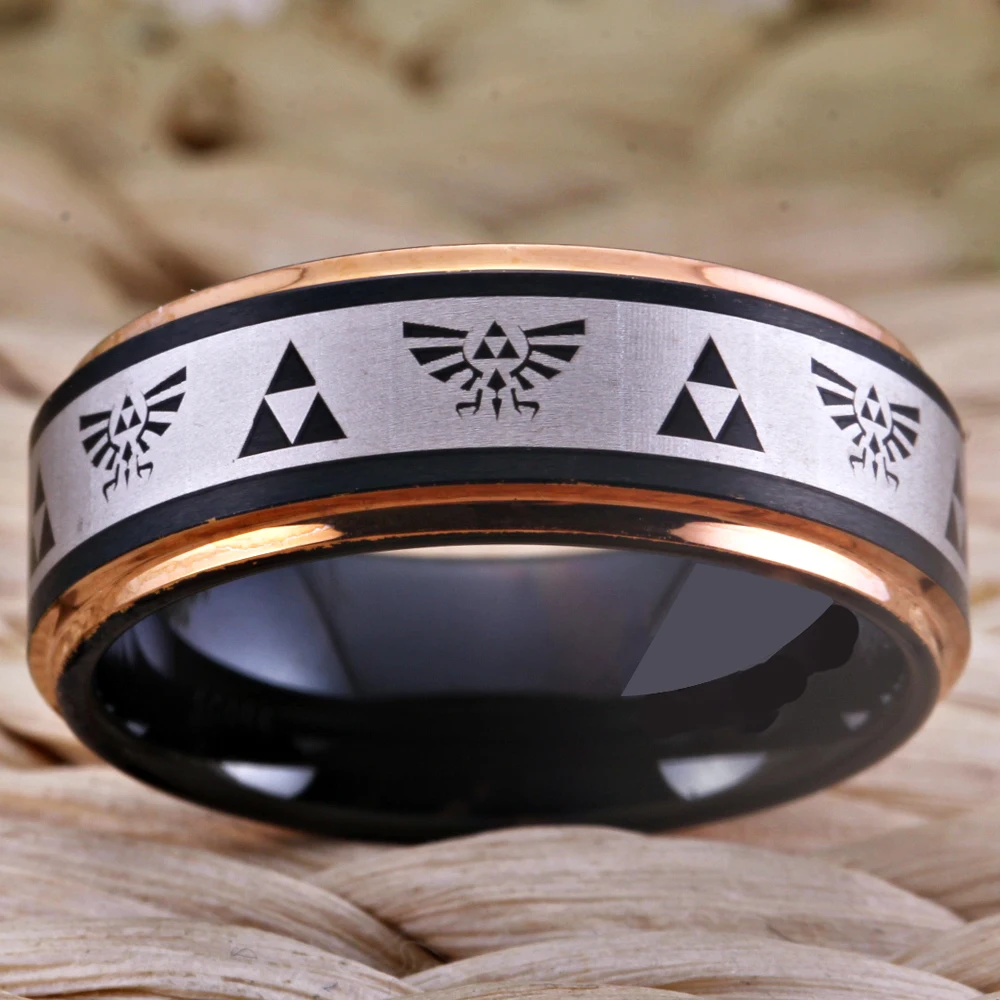 

Men Women Wedding Band Black Rose Golden Tungsten Ring With Legend of Zelda Engraved Finger Rings with Triforce Logo Drop Ship