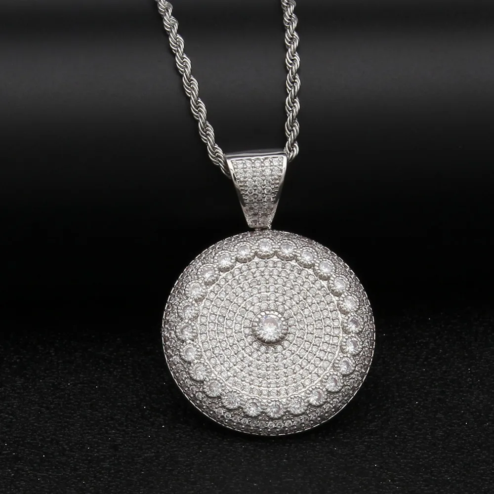 TBTK Round Shape Beautiful Pendant Circle Flower Pattern Paved Crystal Shining Zircon Simple Hiphop Style Jewelry Man | Украшения и