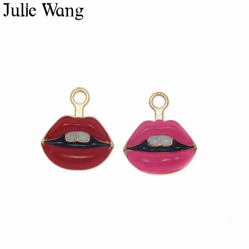 Julie Wang 6 шт. сплав Золотая основа розово красная/Красная эмаль губы Подвески зубы