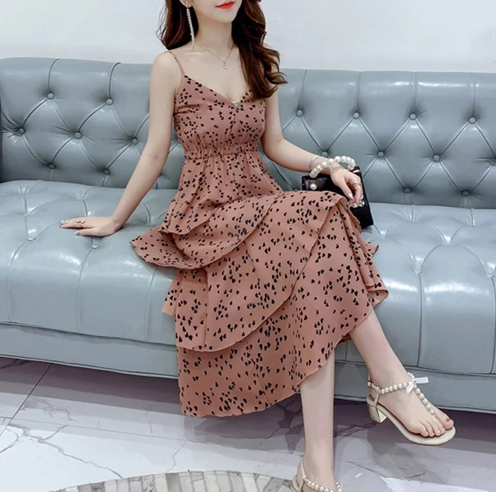 L & Y шифоновое платье торт с асимметричным принтом сердца летнее модное