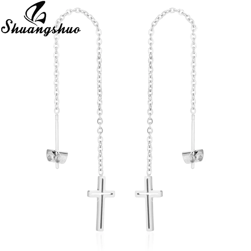 Shuangshuo милые висячие серьги с крестом для женщин из нержавеющей стали длинная