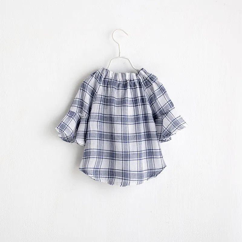 

Vintage Big plaid shirt baby girls flare sleeve blouse cotton tops children clothes spring Autumn