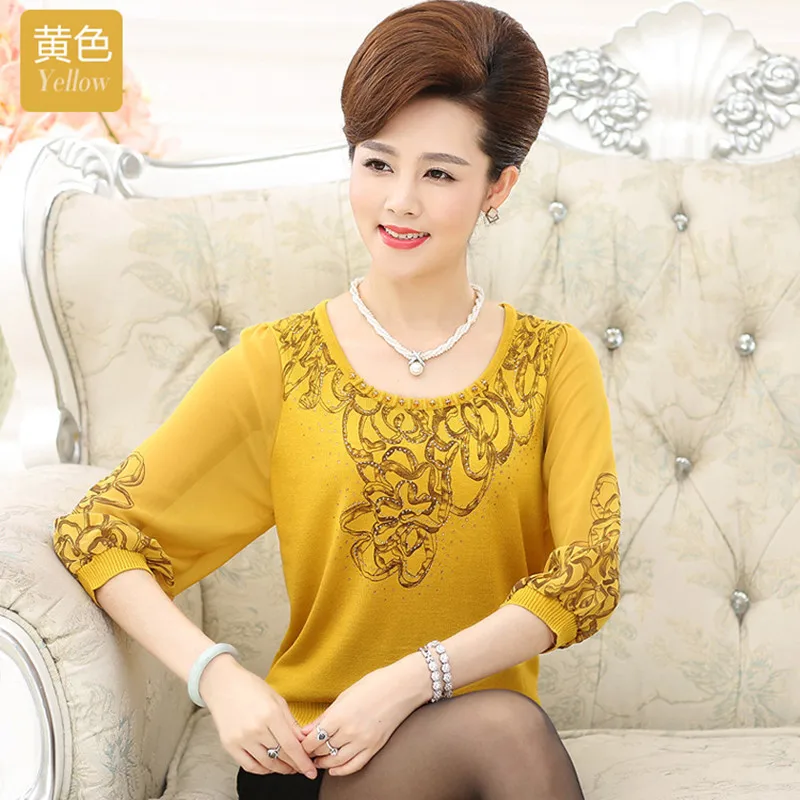 Women Spring Summer Loose Knit Blouse Shirt Plus Size 4XL Middle Aged 2019 New Chiffon Half Sleeve Printed Pullover Thin Tops |