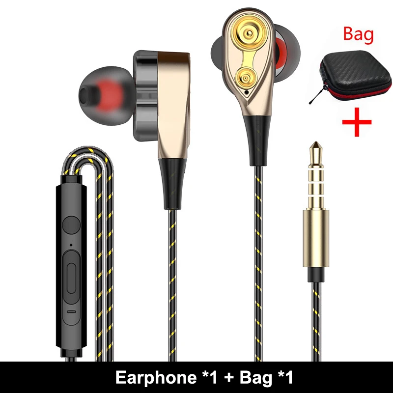 Gold with Bag MUSTTRUE, супер бас, наушники, двойной блок, привод, вкладыши, спортивные наушники с микрофоном, DJ гарнитура для телефона, iphone, Xiaomi, samsung, MP3 - Цвет: Gold with Bag