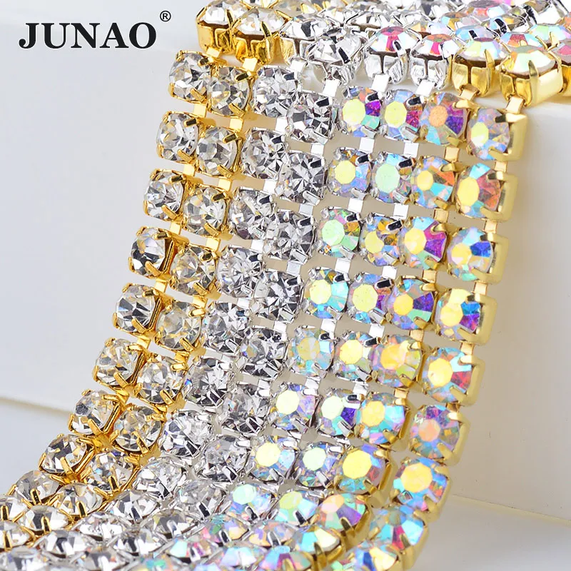 

JUNAO SS 6 8 10 12 16 18 Glass AB Rhinestone Chain Trim Sewing Metal Fringe Strass Ribbon Banding Crystal Applique for Crafts