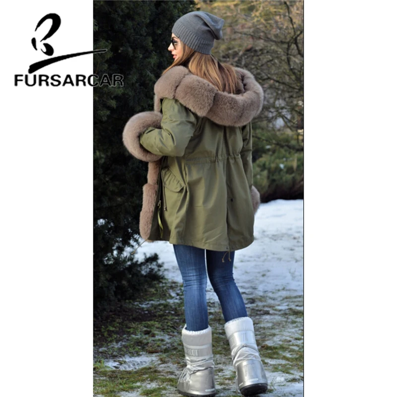 FURSARCAR Real Fur Coat Women With Large Fox Fur Hood And Cuff Luxury New Winter Thick Warm Military Style Fur Parka For Female
