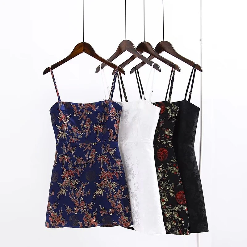 

High Quality vintage Chinese style jacquard satin dress slim Spaghetti Strap Halter backless Mini Dress Party dress vestido
