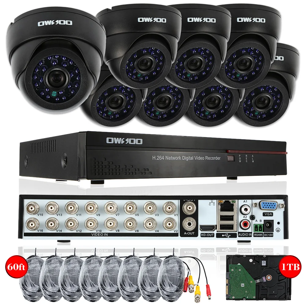 OWSOO 16CH Полный CIF P2P DVR камера безопасности системы набор P2P 8 шт. 800TVL CCTV камера с 1 ТБ HDD 16CH DVR комплект+ 8* 60ft кабель