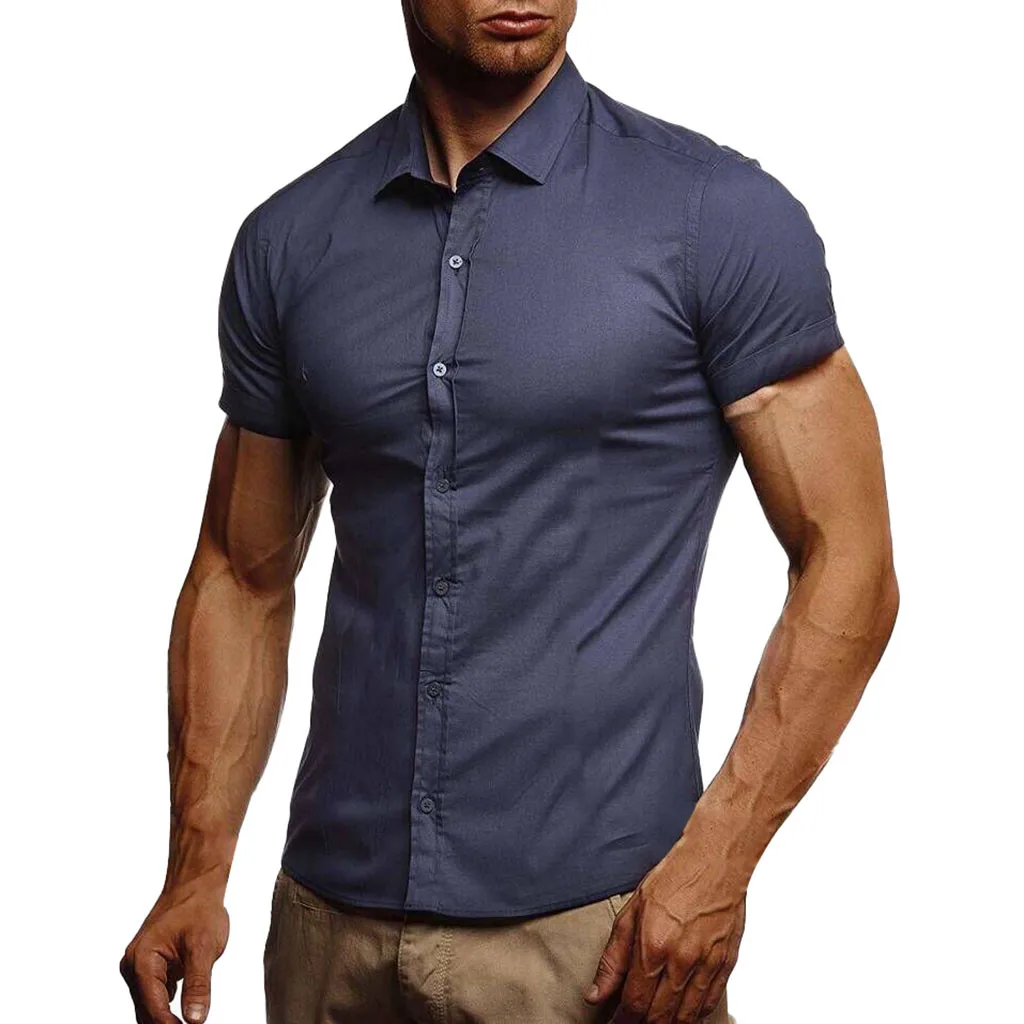 Приталенная Мужская рубашка, рубашка с коротким рукавом, мужская мода, camisa masculina, однотонные рубашки, рубашка в Корейском стиле, мужские рубашки