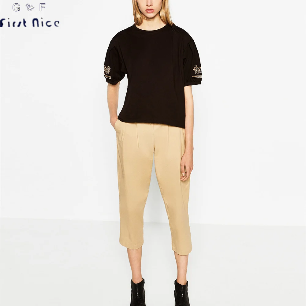 Женщины Футболка 2017 Весна Лето Новая Мода Повседневная Хлопок Цветок Вышивка О