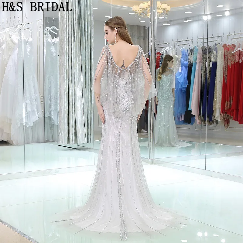 Женское вечернее платье Русалка H & S серебристое Прозрачное из тюля с глубокой